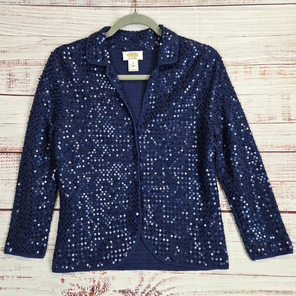 Talbots Hand Knit Sequin Cardigan S Navy Blue Silk Cotton Button Sparkle Sweater